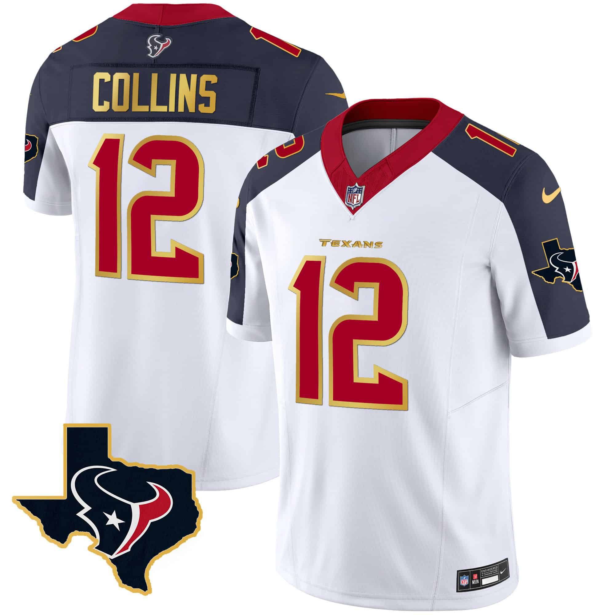 Men Houston Texans #12 Collins White Gold 2024 Nike Trim Vapor NFL Jersey style 2